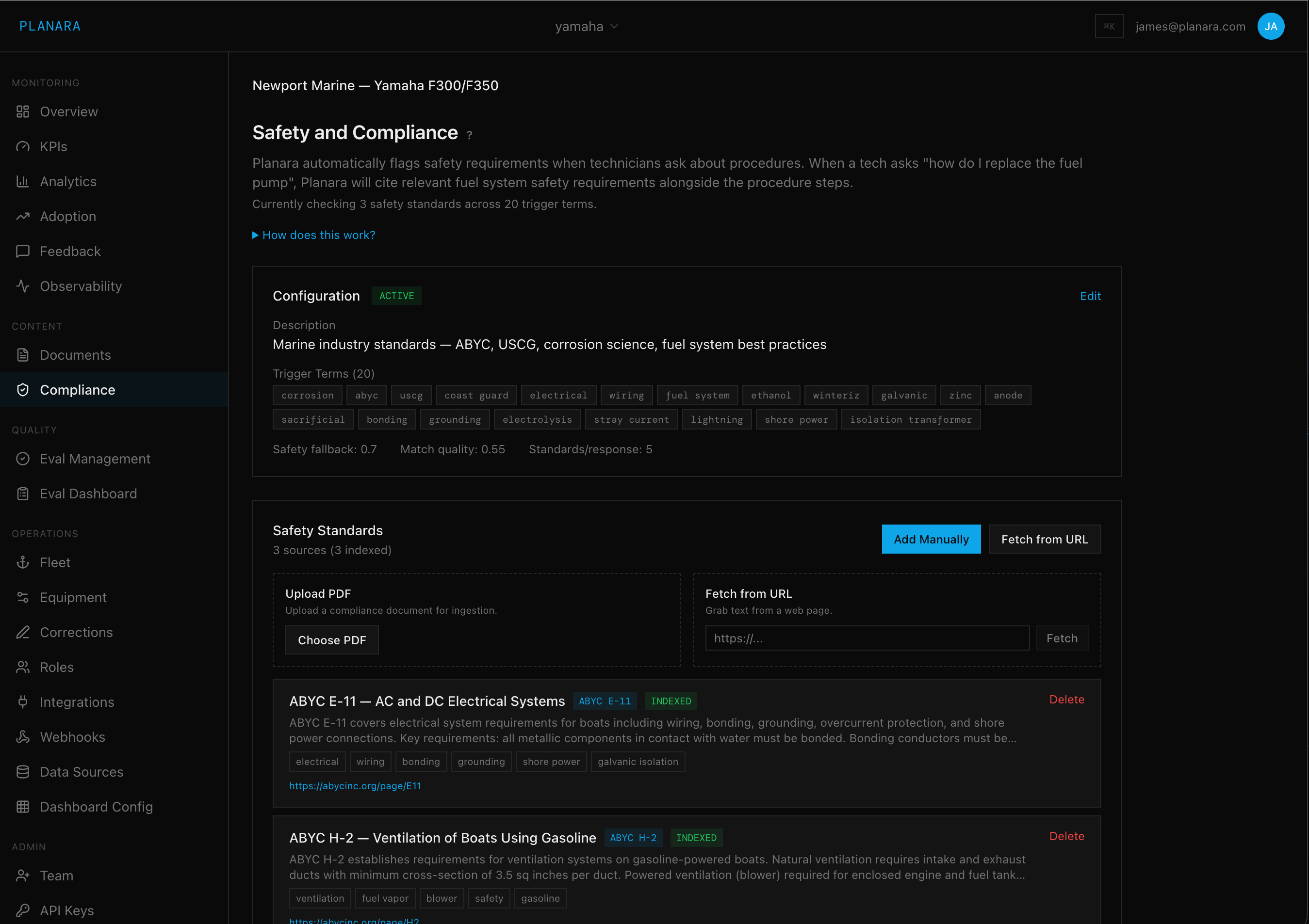 Backoffice safety and compliance configuration — ABYC E-11 and H-2 entries with trigger terms and a Fetch from URL importer.